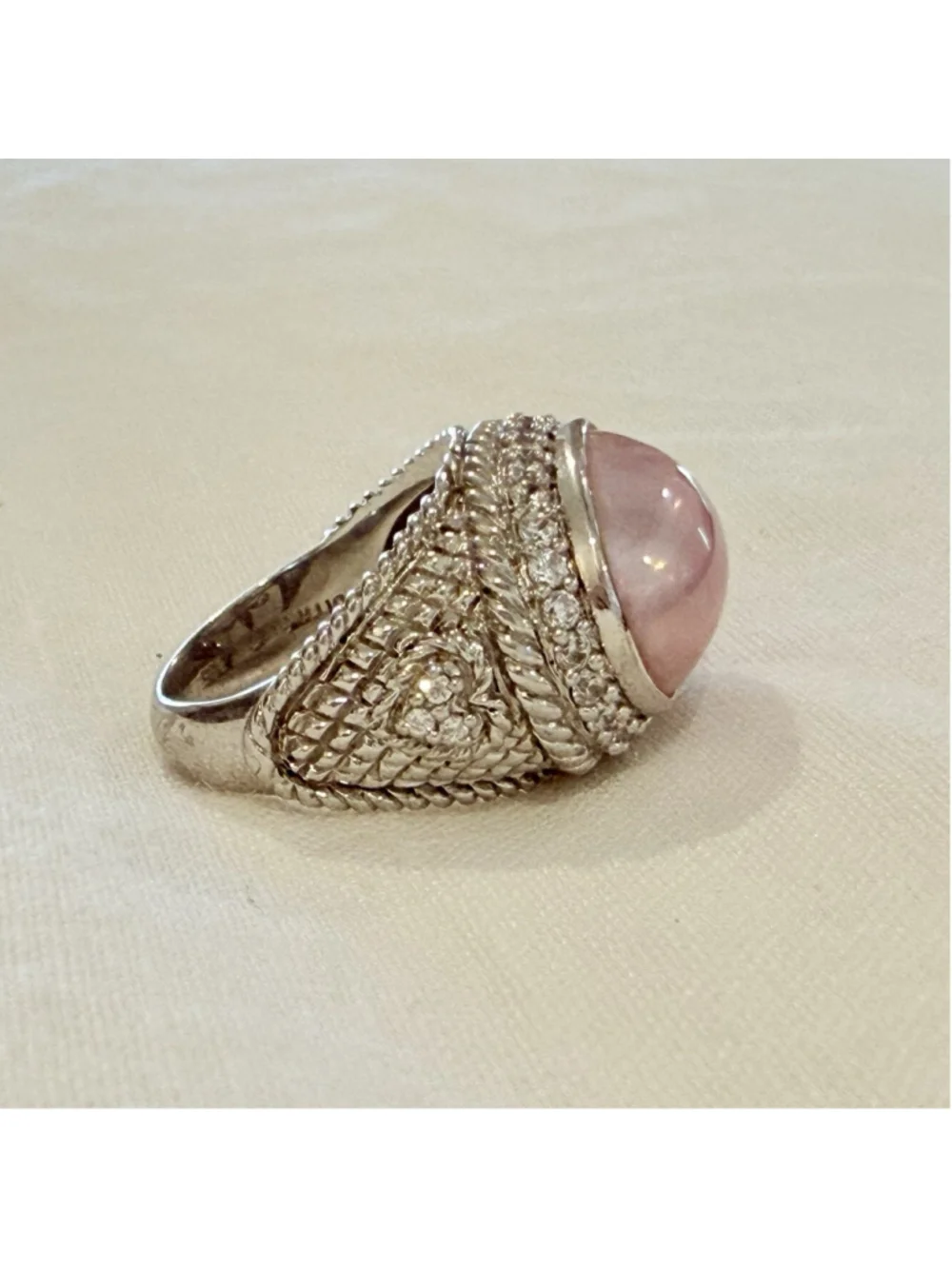 Judith Ripka Signed 925 Silver Pink Oval Mabe Pearl Halo Ring Size 7 Cocktail